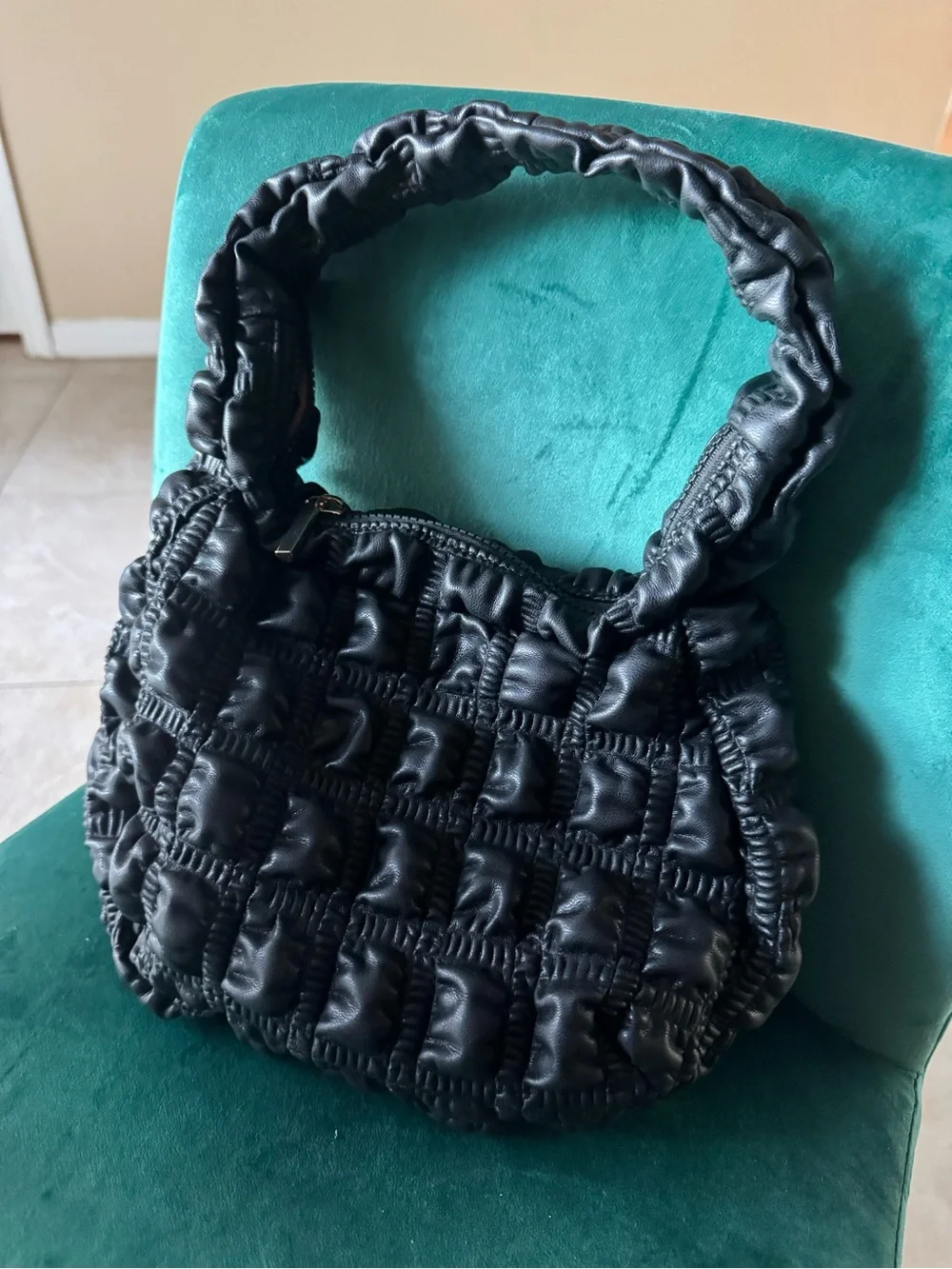 Jason Wu Black Vegan Leather Ruched Woven Shoulder Bag